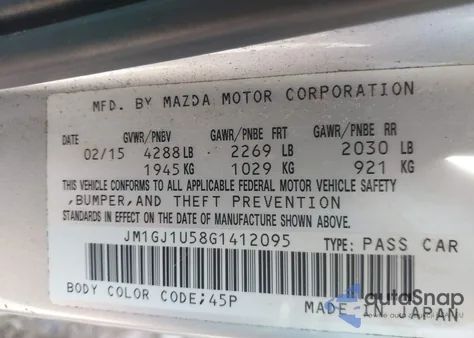 2016 Mazda Mazda6 I Sport из США, поврежденный, VIN JM1GJ1U58G1412095